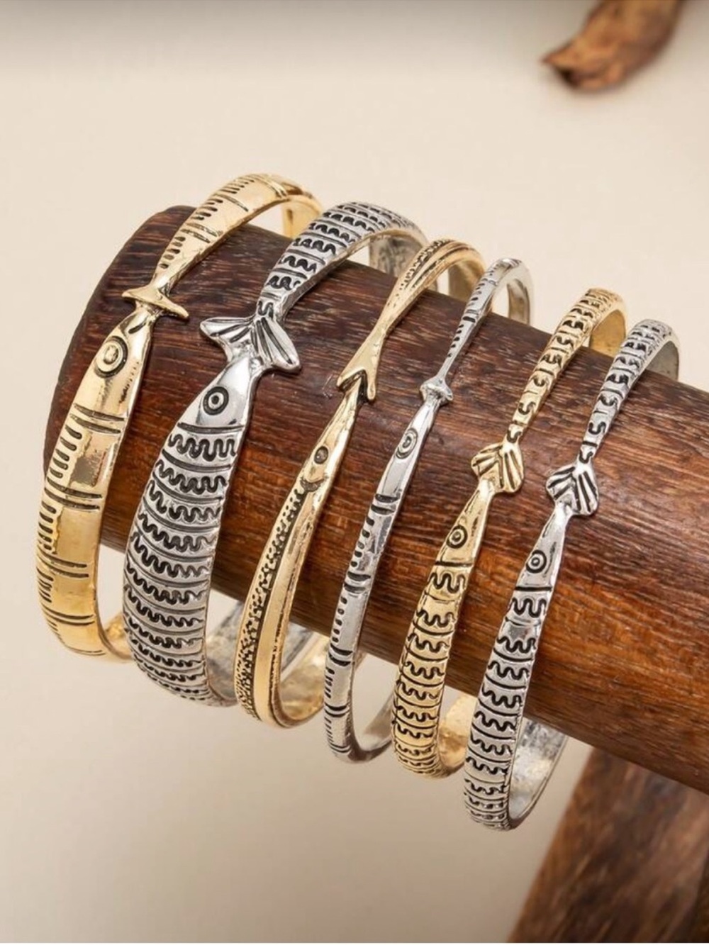 Modern Fish Motif Cuff Bracelets in Gold & Silver Tones